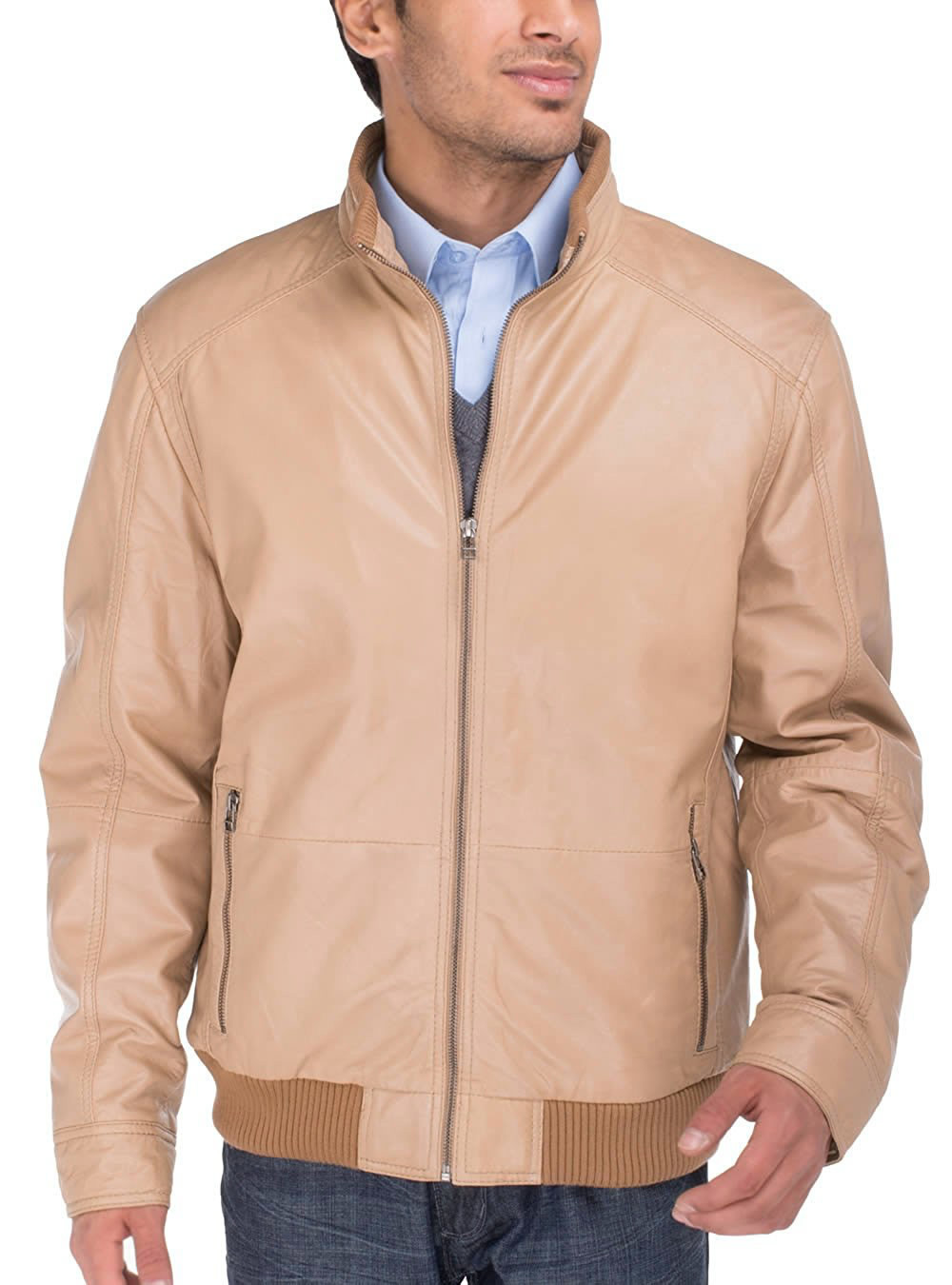 Mens Luciano Natazzi Lambskin Leather Jacket Vintage Washed Moto Jacket Beige - Image1