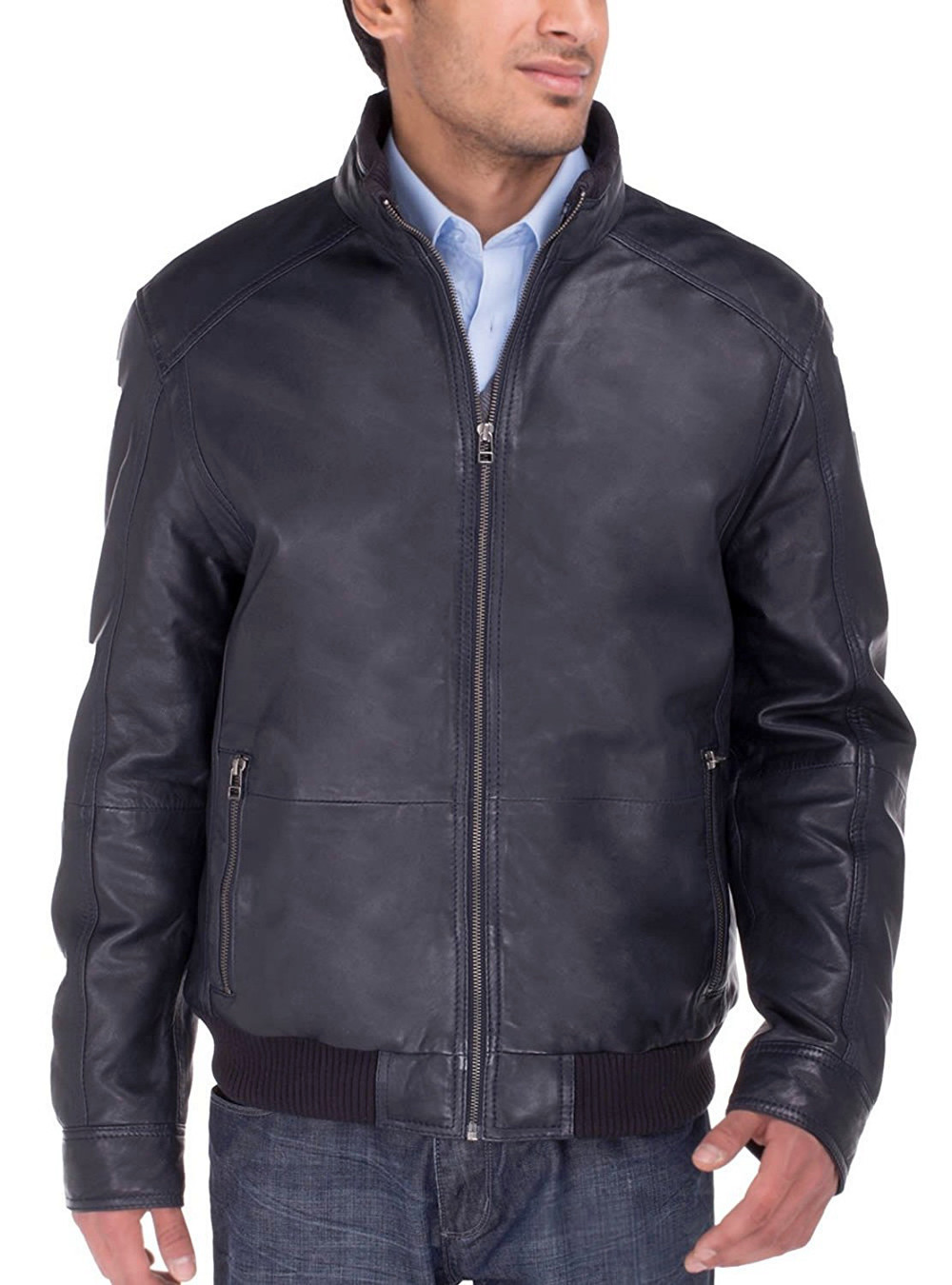 Mens Luciano Natazzi Lambskin Leather Jacket Vintage Washed Moto Jacket Dark Navy - Image1