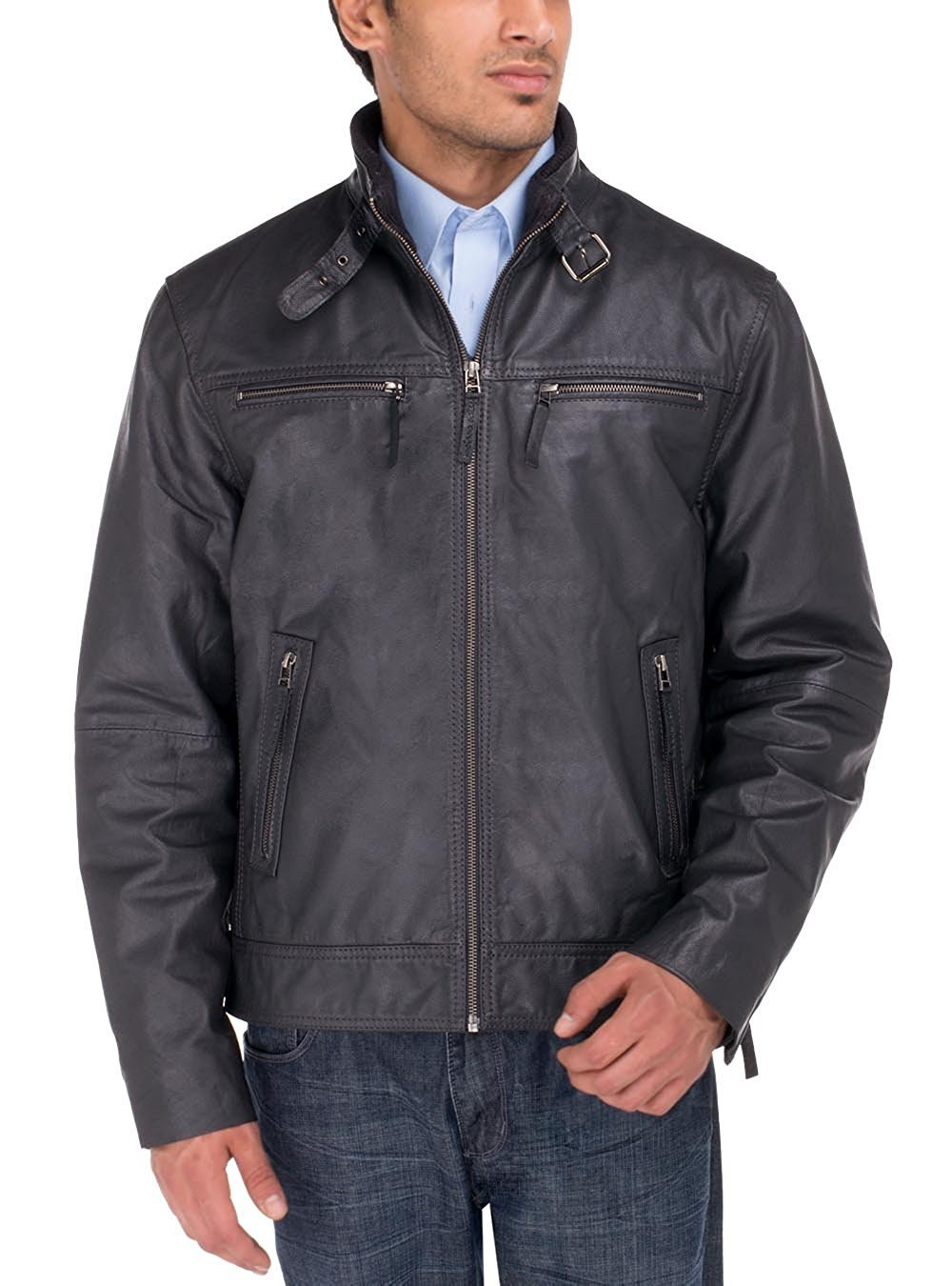 Mens Luciano Natazzi Leather Jacket Cow Leather Moto Biker Jacket Dark Gray - Image1