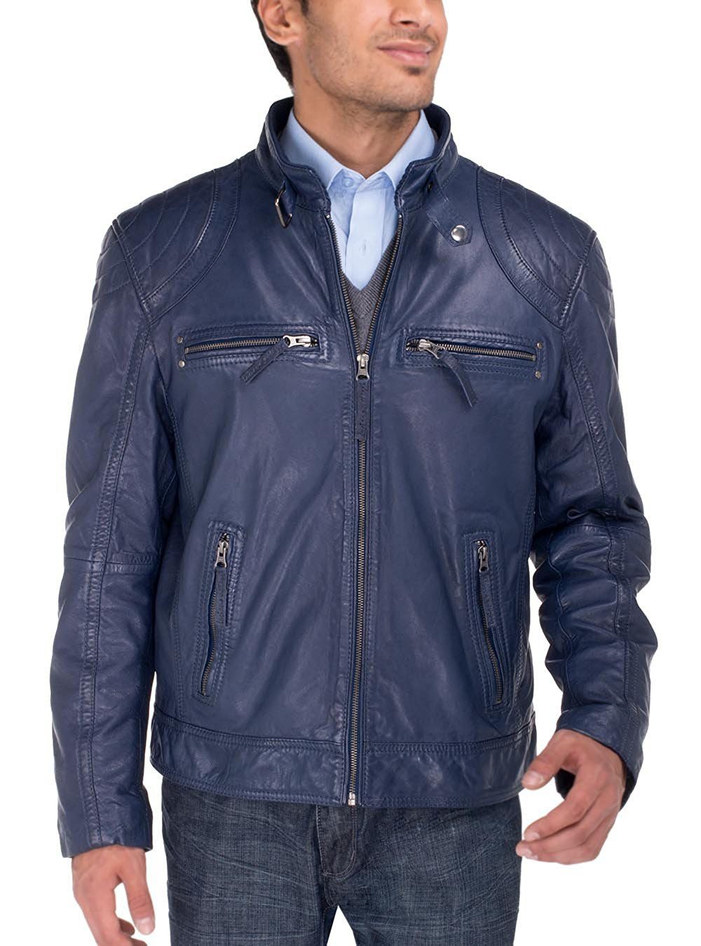 Mens Luciano Natazzi Leather Jacket Heritage Vegetable Tanned  Moto Jacket Blue - Image1
