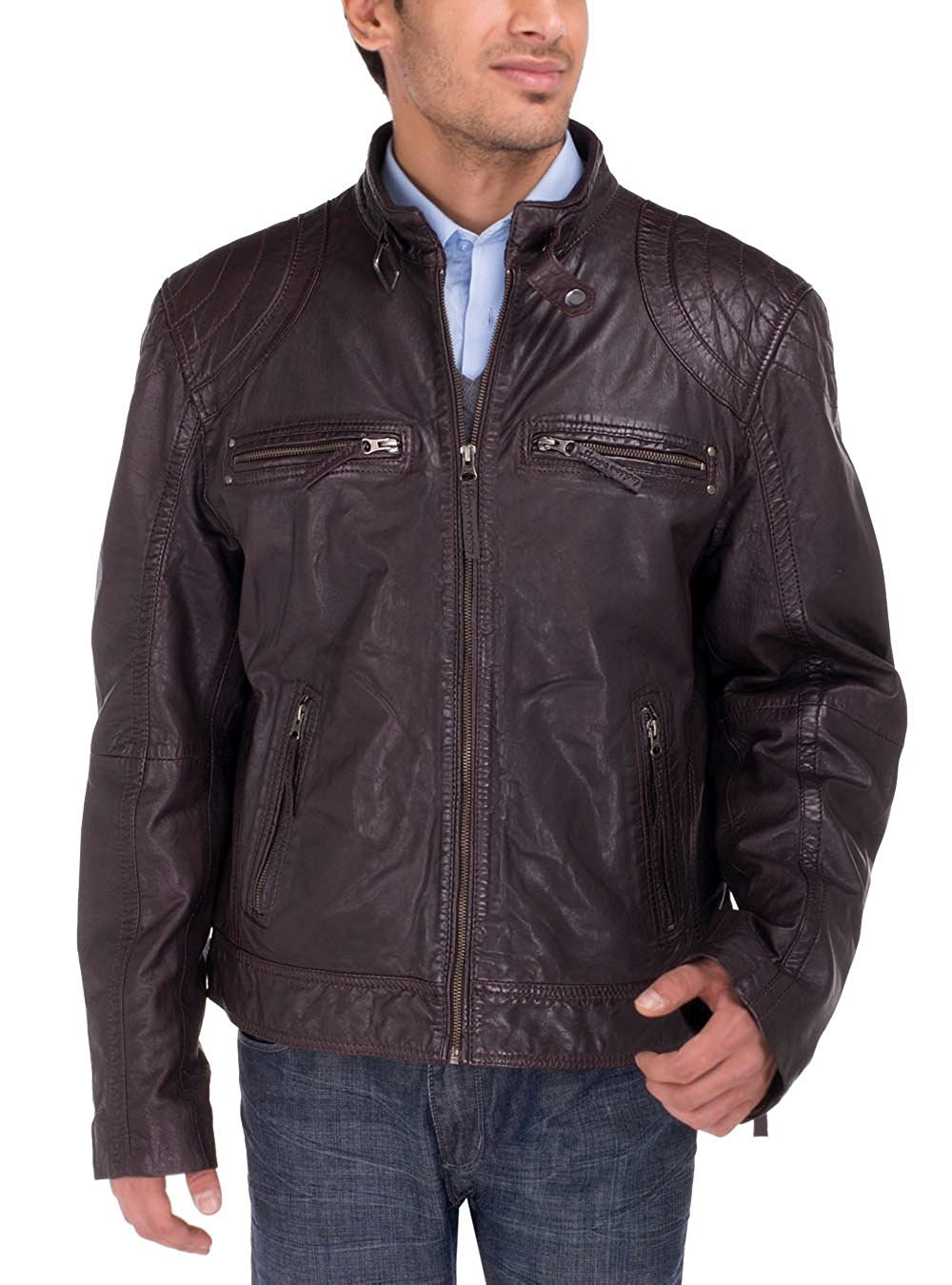 Mens Luciano Natazzi Leather Jacket Heritage Vegetable Tanned  Moto Jacket Bordeaux Brown - Image1