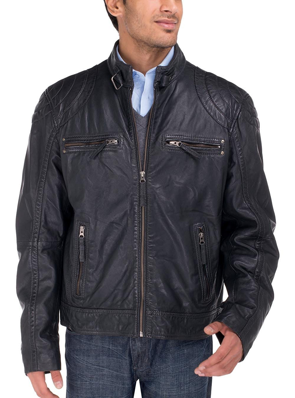 Mens Luciano Natazzi Leather Jacket Heritage Vegetable Tanned  Moto Jacket DK Gray - Image1
