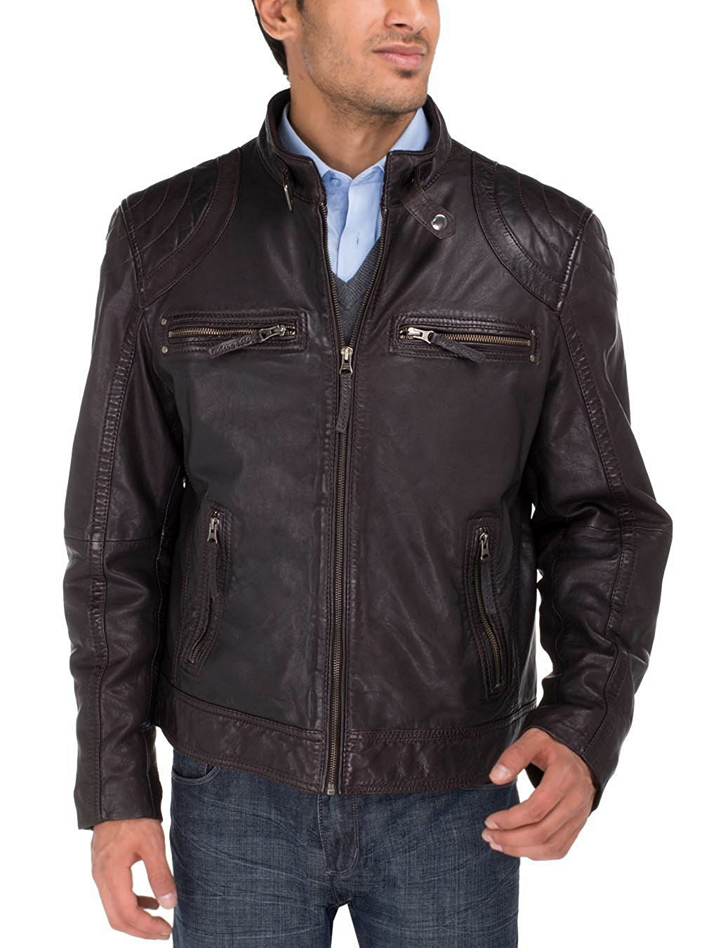 Mens Luciano Natazzi Leather Jacket Heritage Vegetable Tanned  Moto Jacket Dk Brown - Image1