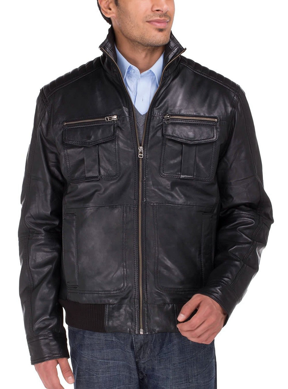 Mens Luciano Natazzi Lambskin Leather Jacket Blast Washed Moto Jacket Black - Image1