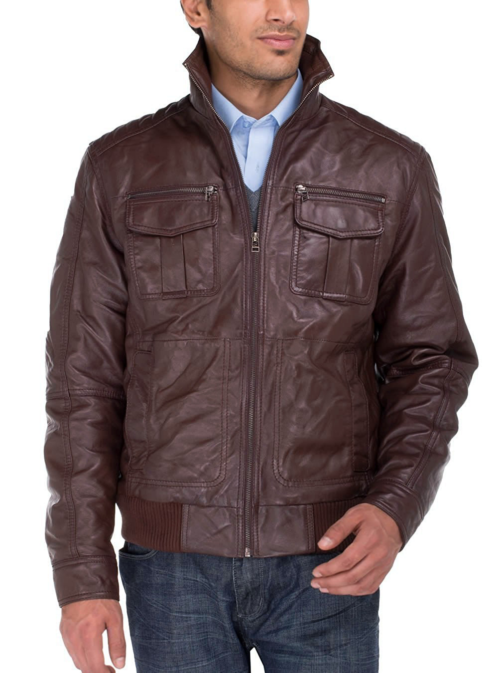 Mens Luciano Natazzi Lambskin Leather Jacket Blast Washed Moto Jacket Brown - Image1