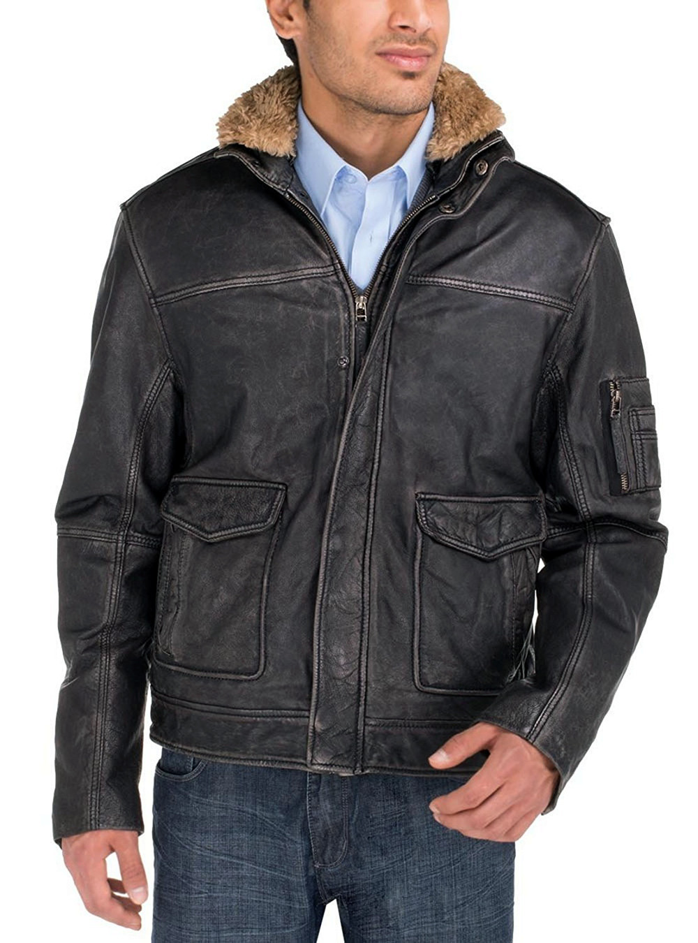 Mens Luciano Natazzi Flight Leather Jacket Buff Rub Heritage Black - Image1