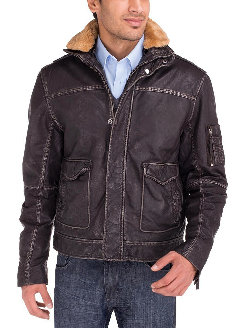 Mens Luciano Natazzi Flight Leather Jacket Buff Rub Heritage Brown - Image1
