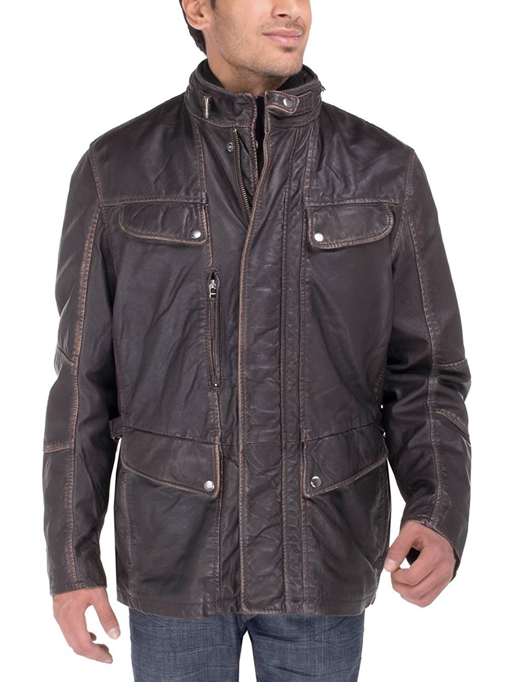 Mens Luciano Natazzi Leather Jacket Vintage Look Lamb Blast Washed Choco Brown - Image1