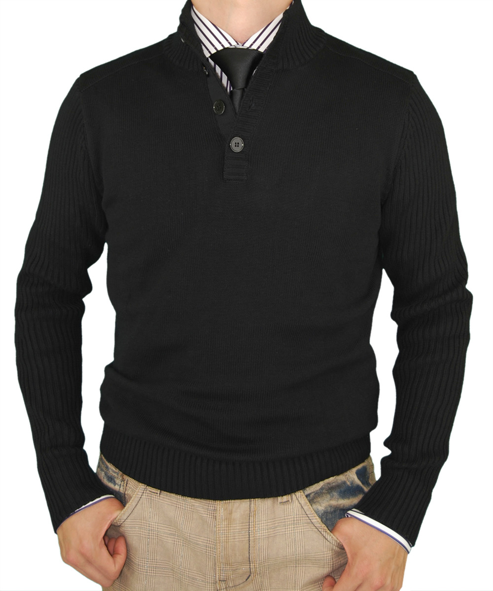 Mens Luciano Natazzi Classic Fit Mock Neck Ribbed Fitted Sweater Premium Cotton in Black - Image1