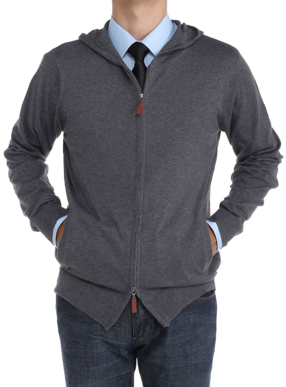 Mens Luciano Natazzi Front Zip Hoodie Sweater Relaxed Fit in Charcoal - Image1