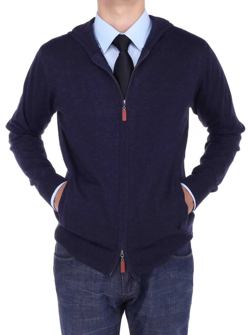 Mens Luciano Natazzi Front Zip Hoodie Sweater Relaxed Fit in Navy - Image1