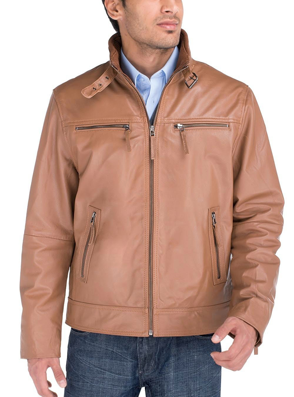 Mens Luciano Natazzi Leather Jacket Cow Leather Moto Biker Jacket Dark Camel - Image1