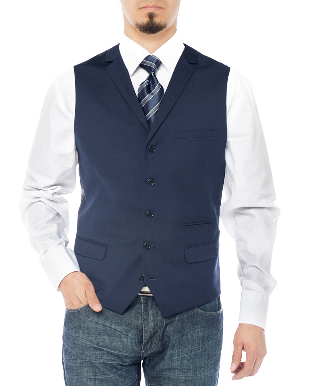 Mens Salvatore Exte Notch Lapel Casual Vest Modern Fit Dress Suit Waistcoat in Navy Blue - Image1