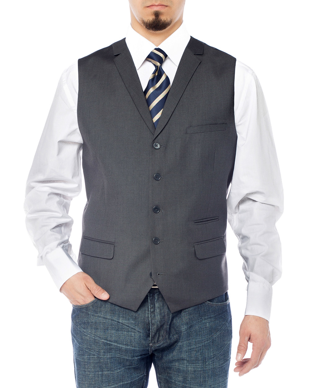 Mens Salvatore Exte Notch Lapel Casual Vest Modern Fit Dress Suit Waistcoat in Charcoal - Image1