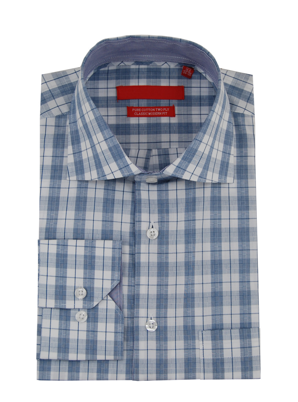 Mens DTI DARYA TRADING GV Executive Check Dress Shirt Cotton Spread Collar Barrel Cuff in White Blue - Image1