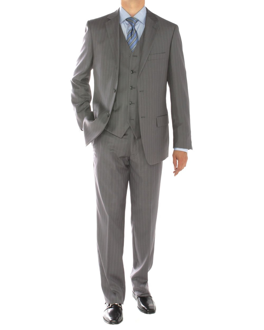 Mens DTI DARYA TRADING GV Executive 3 Piece 2 Button Jacket Flat Front Pants Vested Suit in Grey - Image1
