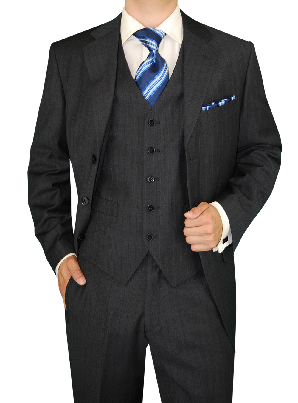 Mens DTI DARYA TRADING GV Executive 3 Piece Suit Button Vested Flat Front Pants Stripe in Charcoal - Image1