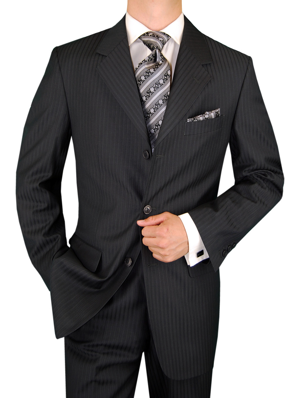 Mens DTI DARYA TRADING GV Executive 2 Piece 3 Button Jacket Flat Front Pants Suit in Gray Stripe - Image1