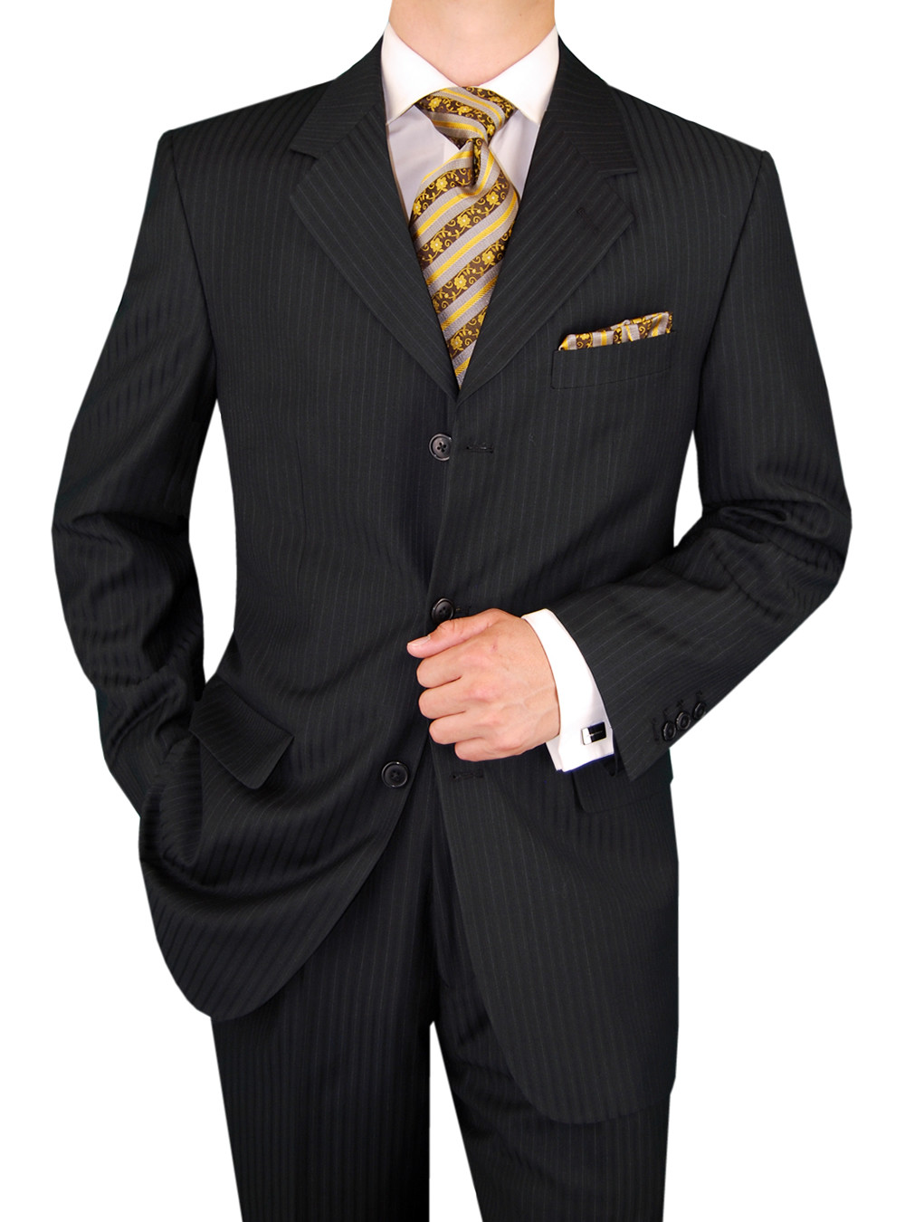 Mens DTI DARYA TRADING GV Executive 2 Piece 3 Button Jacket Flat Front Pants Suit in Black Stripe - Image1
