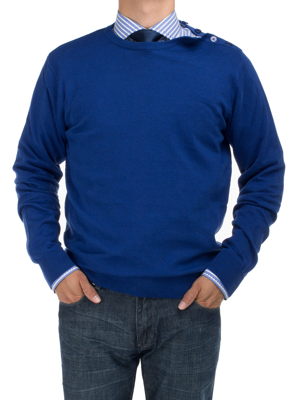 Mens DTI DARYA TRADING BB Signature Modern Cotton Sweater Crew Neck With Button Relaxed Fit in Royal Blue - Image1