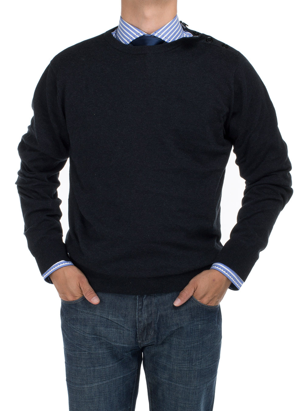Mens DTI DARYA TRADING BB Signature Modern Cotton Sweater Crew Neck With Button Relaxed Fit in Black - Image1