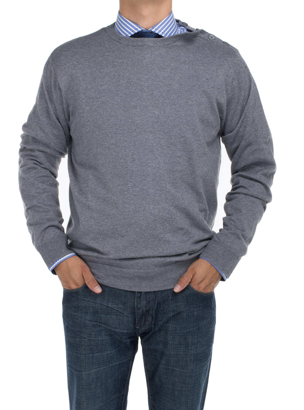 Mens DTI DARYA TRADING BB Signature Modern Cotton Sweater Crew Neck With Button Relaxed Fit in Charcoal - Image1