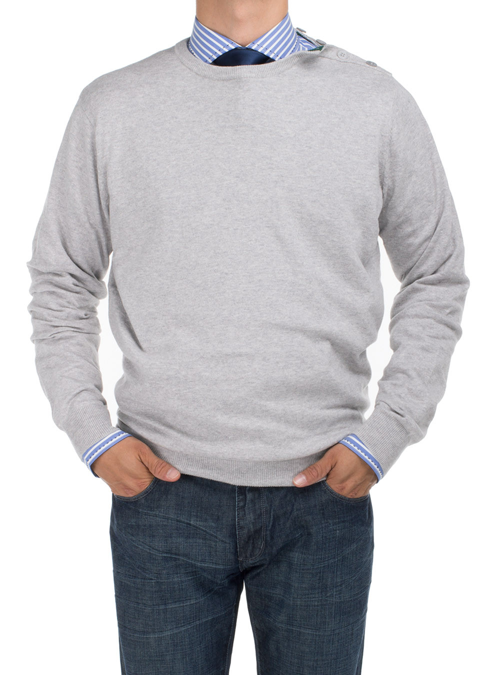 Mens DTI DARYA TRADING BB Signature Modern Cotton Sweater Crew Neck With Button Relaxed Fit in Gray - Image1