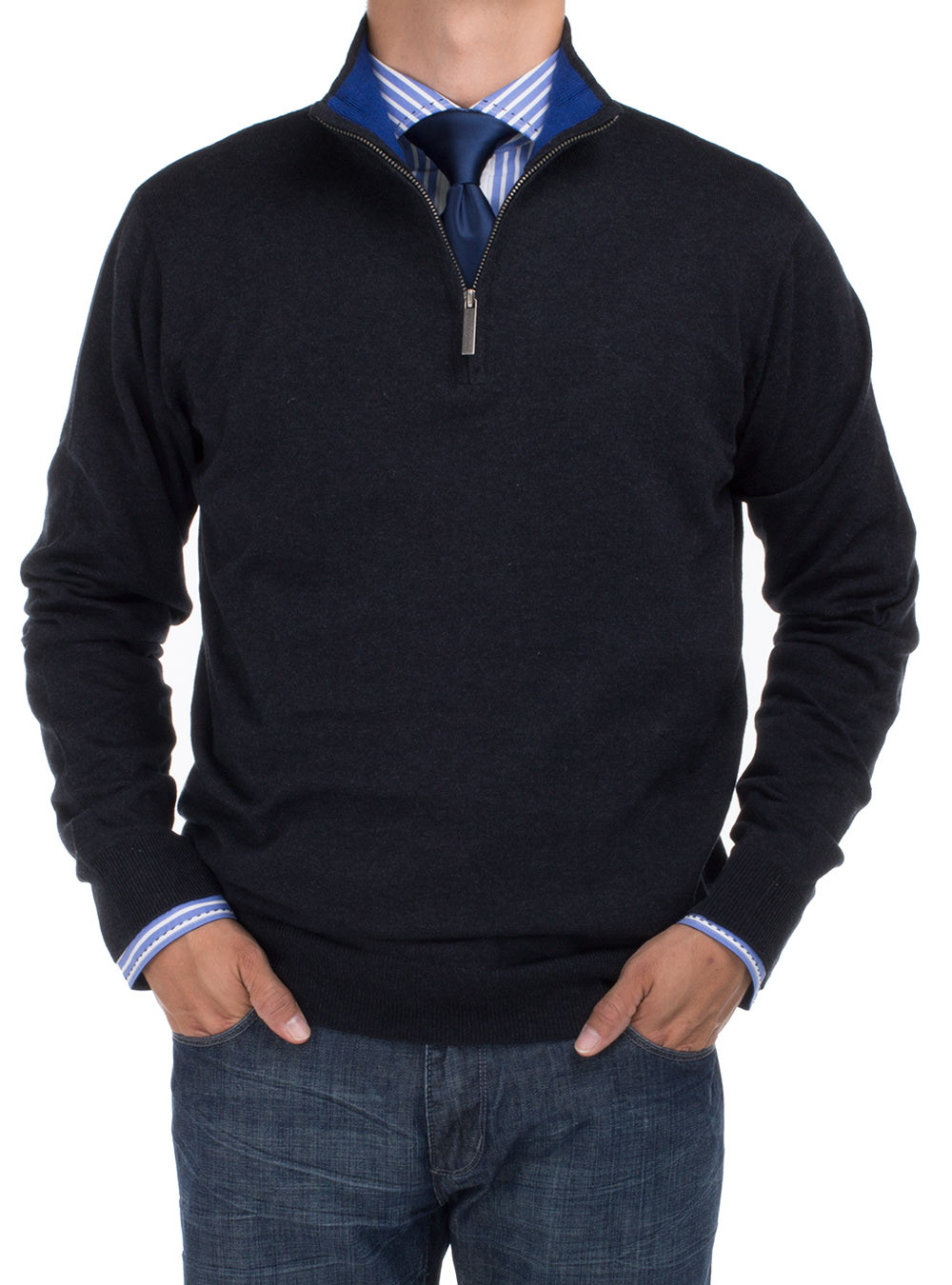 Mens DTI DARYA TRADING BB Signature Mock Neck 1/4 Zip Sweater Relaxed Fit in Black - Image1