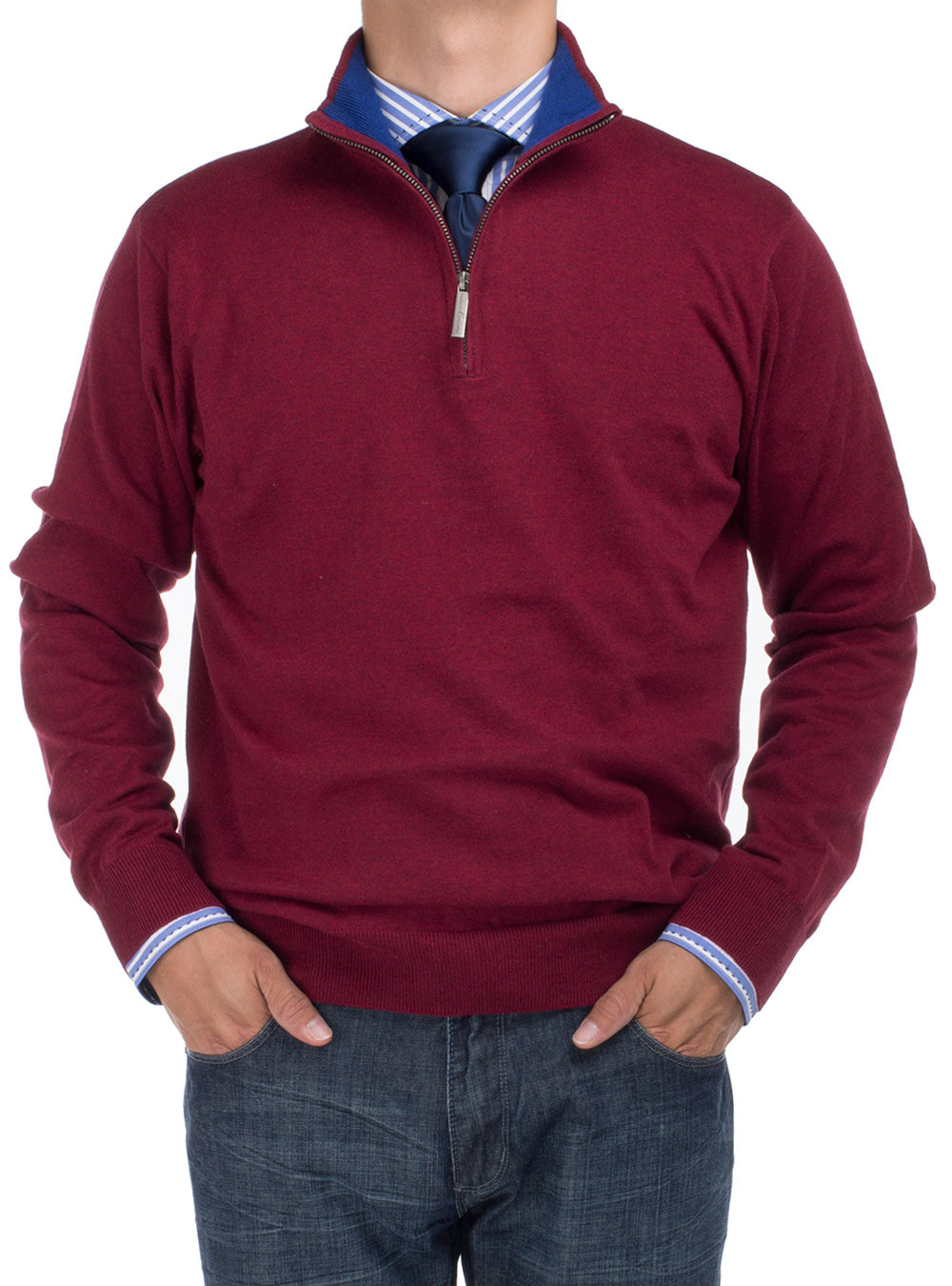 Mens DTI DARYA TRADING BB Signature Mock Neck 1/4 Zip Sweater Relaxed Fit in Burgundy - Image1