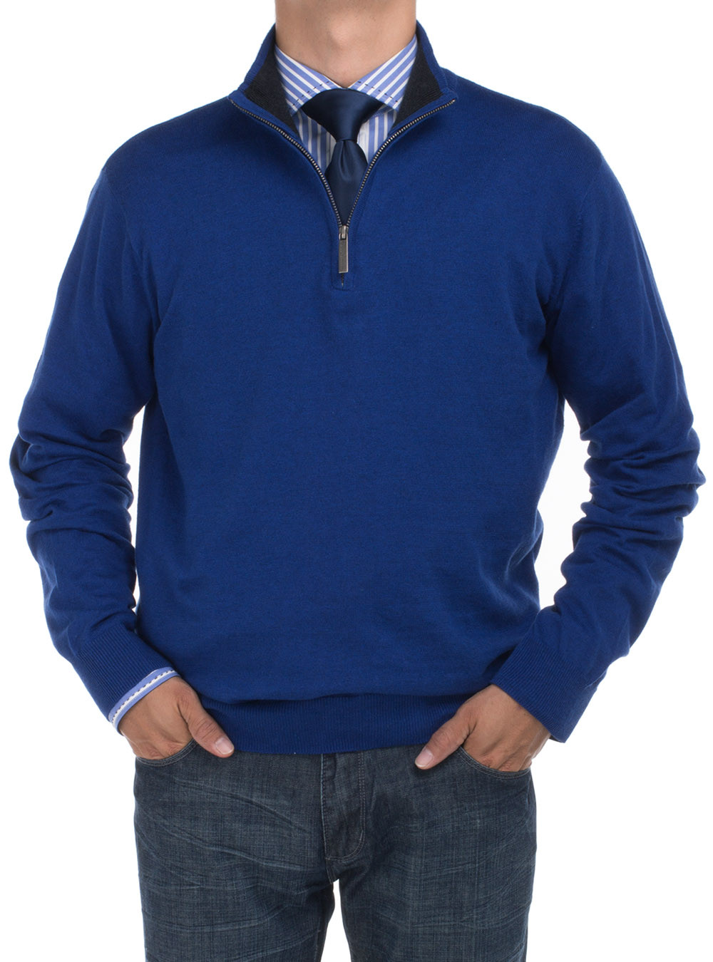 Mens DTI DARYA TRADING BB Signature Mock Neck 1/4 Zip Sweater Relaxed Fit in Royal Blue - Image1