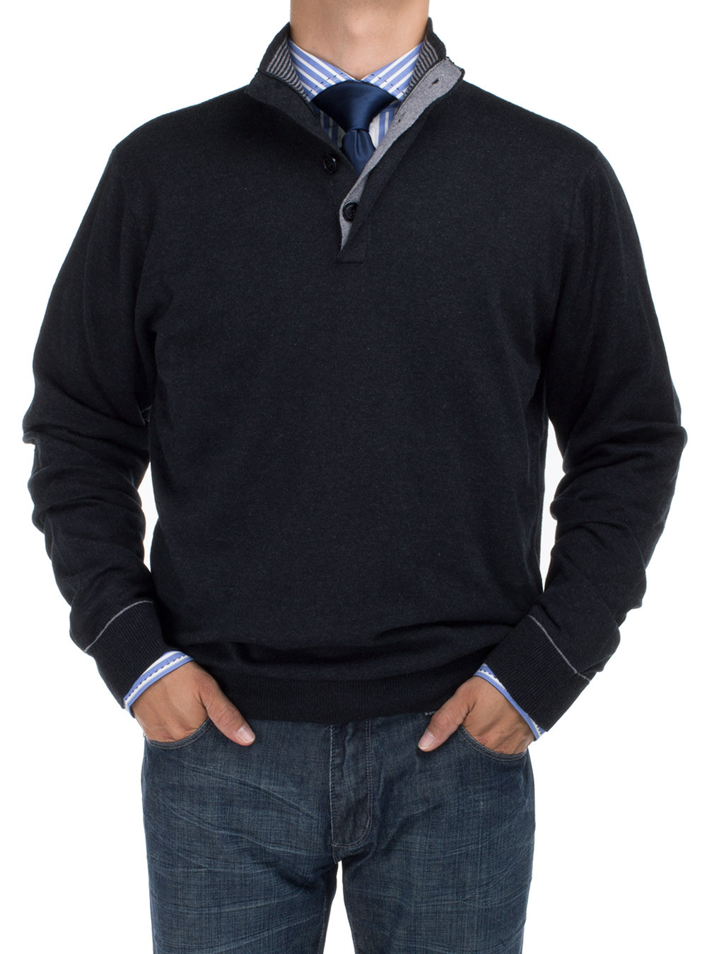 Mens DTI DARYA TRADING BB Signature Mock Neck 1/4 Button Sweater Relaxed Fit in Black - Image1
