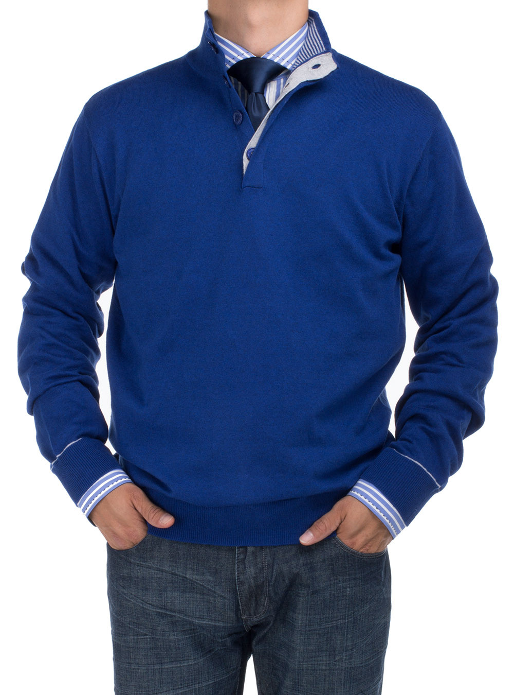 Mens DTI DARYA TRADING BB Signature Mock Neck 1/4 Button Sweater Relaxed Fit in Royal Blue - Image1