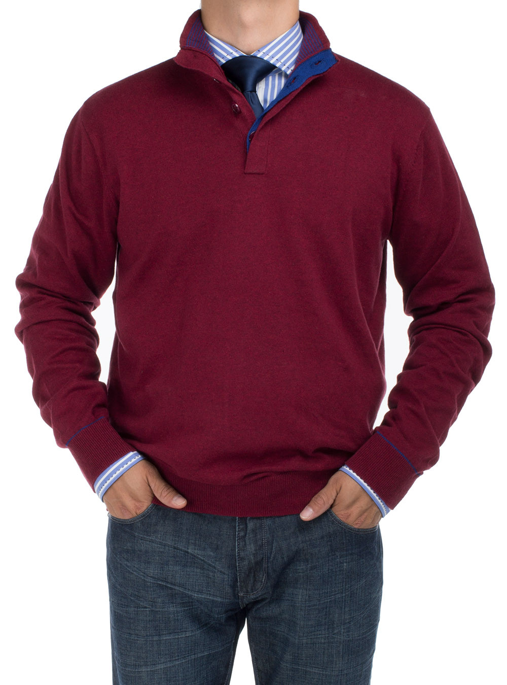 Mens DTI DARYA TRADING BB Signature Mock Neck 1/4 Button Sweater Relaxed Fit in Burgundy - Image1