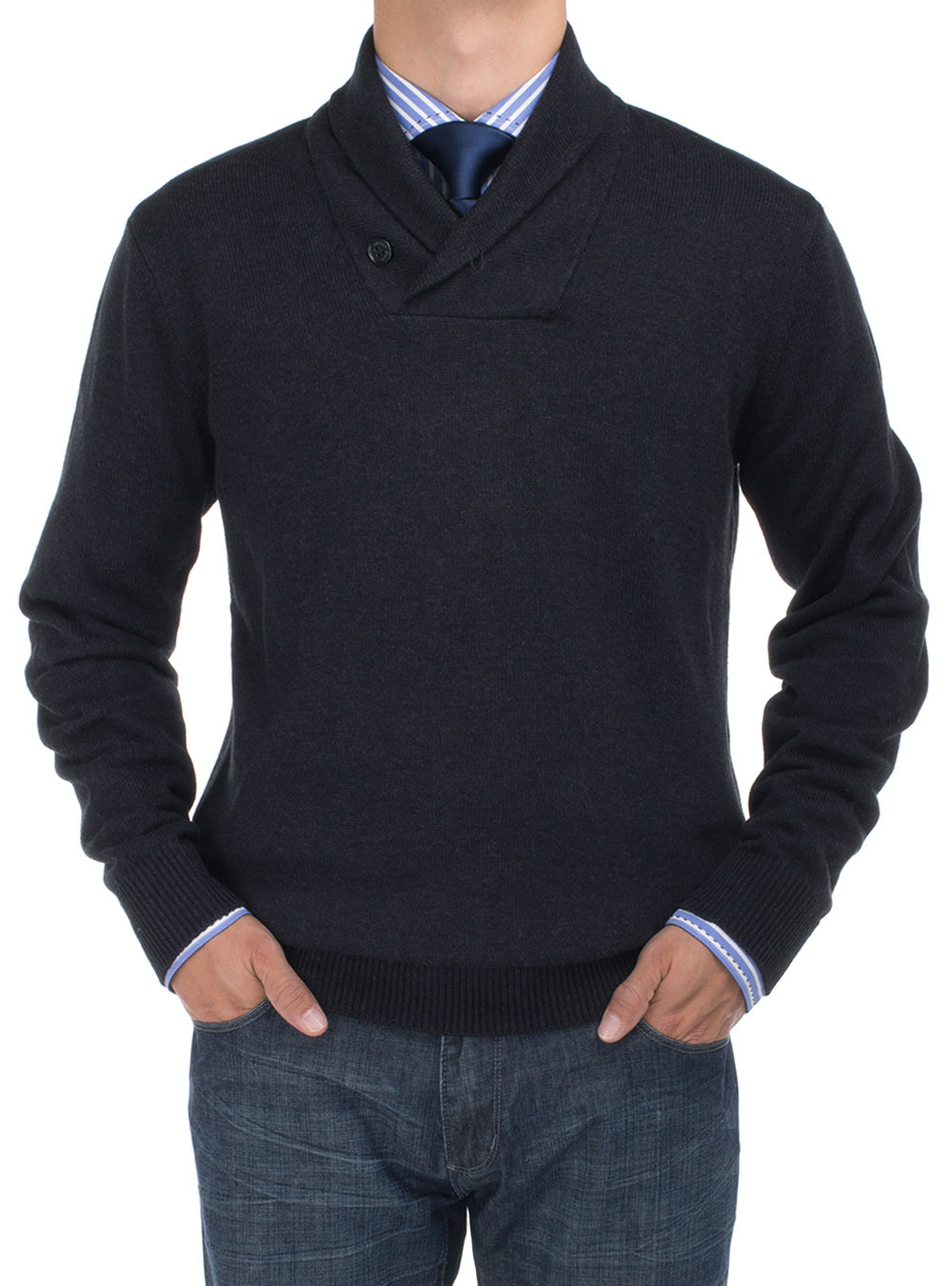 Mens DTI DARYA TRADING BB Signature Cotton Shawl Collar Sweater Modern Fit in Black - Image1