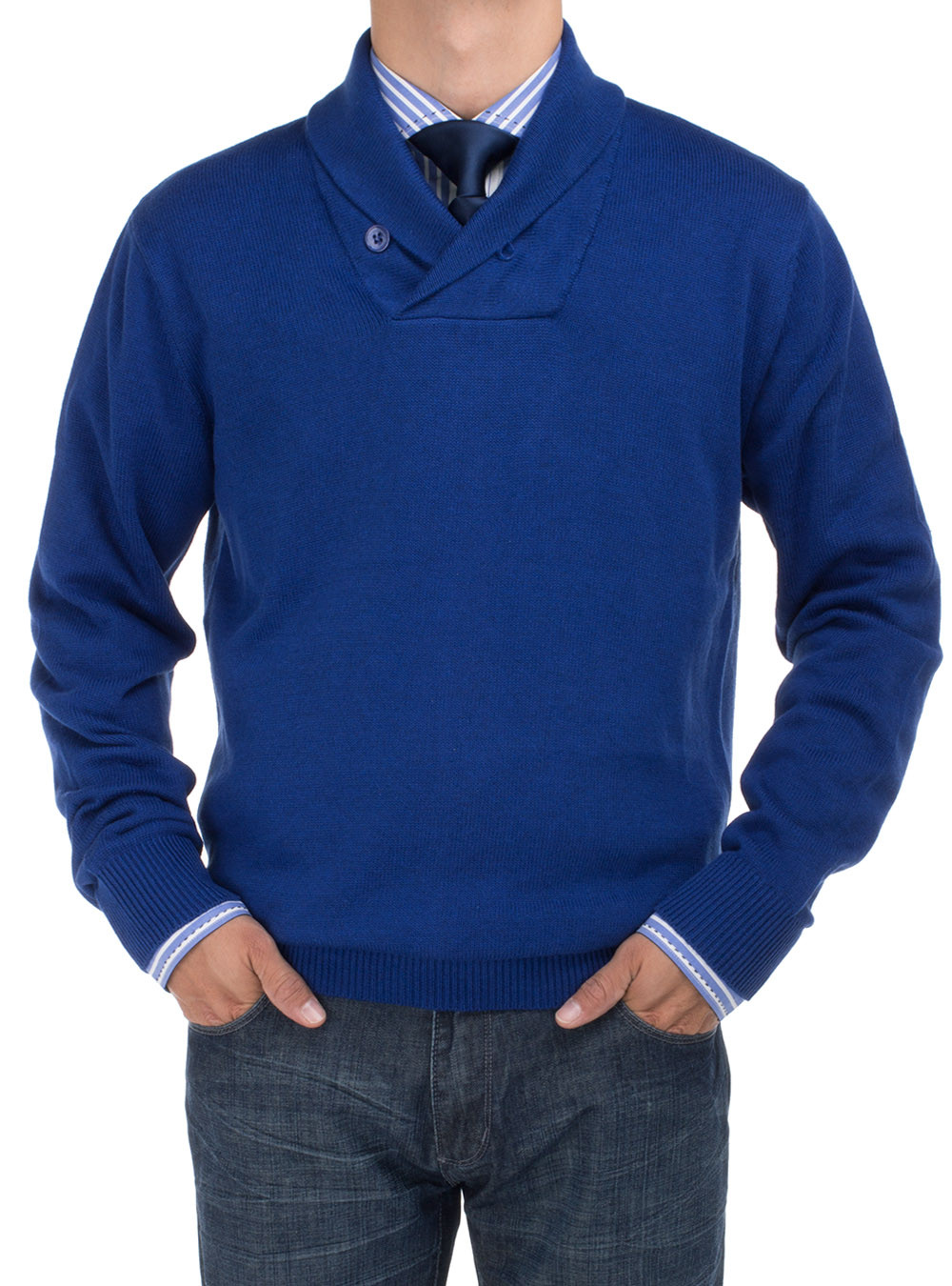 Mens DTI DARYA TRADING BB Signature Cotton Shawl Collar Sweater Modern Fit in Royal Blue - Image1