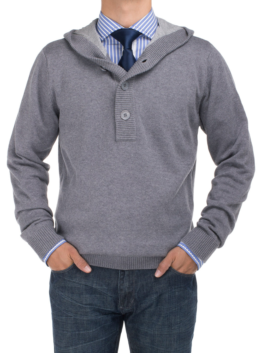 Mens DTI DARYA TRADING BB Signature 1/4 Button Sweater With Lining Hoodie Relaxed Fit in Charcoal - Image1