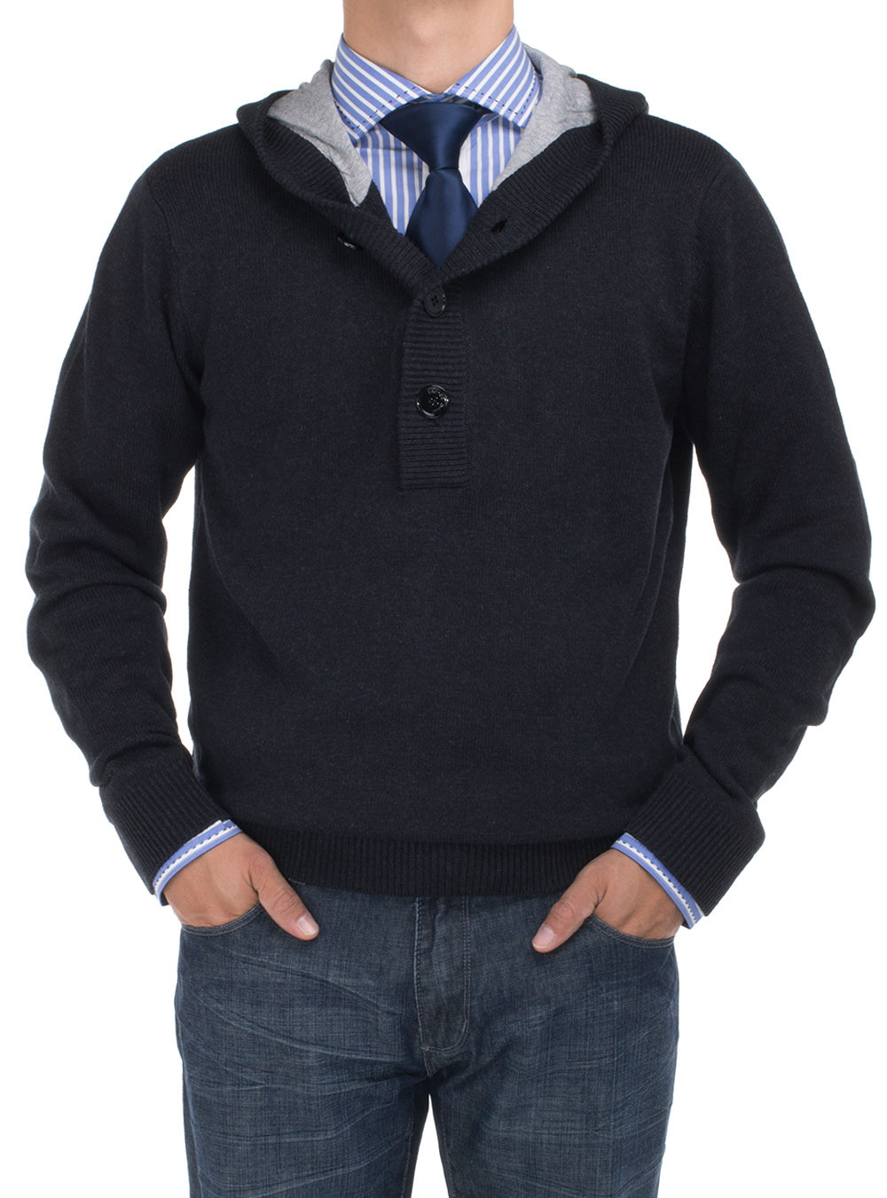 Mens DTI DARYA TRADING BB Signature 1/4 Button Sweater With Lining Hoodie Relaxed Fit in Black - Image1