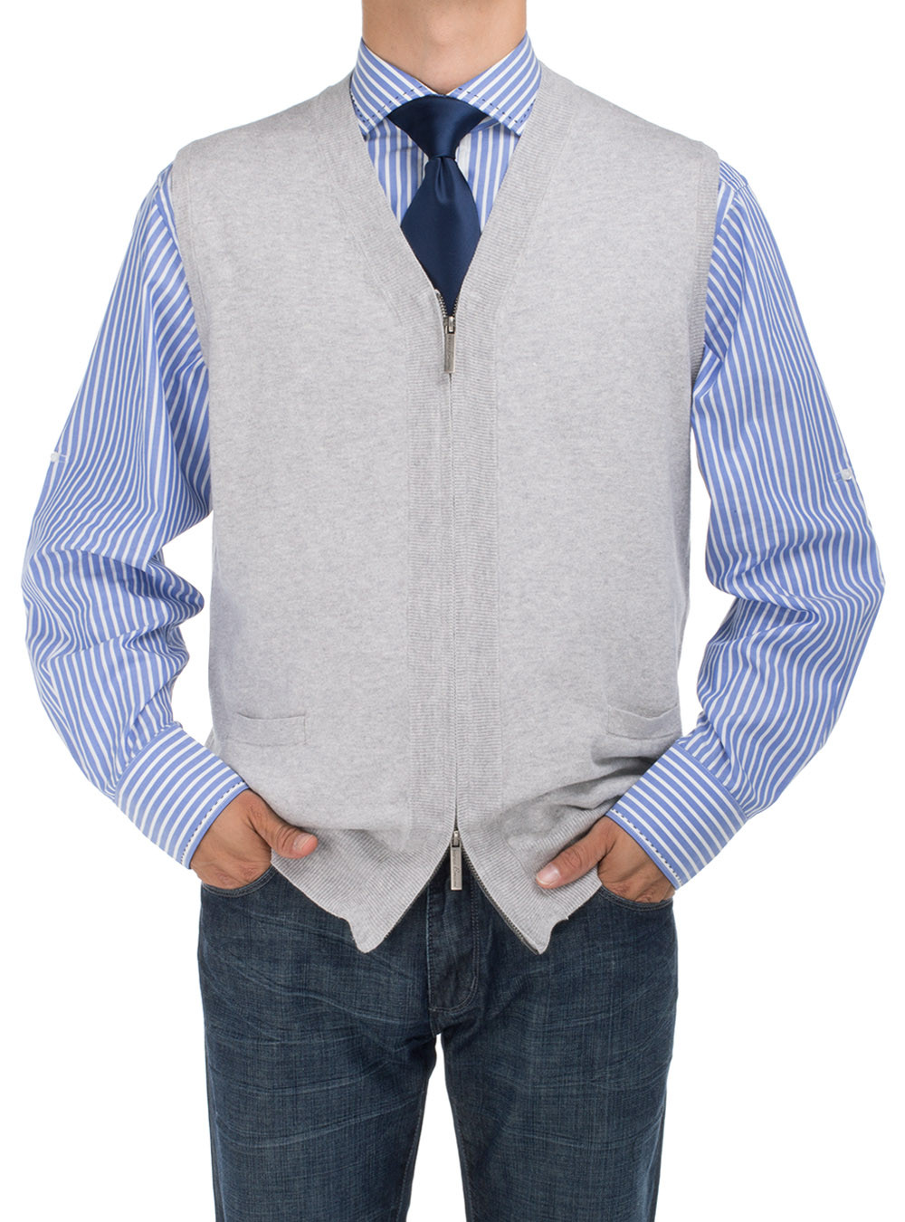 Mens DTI DARYA TRADING BB Signature Full Zip Cotton Sweater Vest Relaxed Fit in Gray - Image1