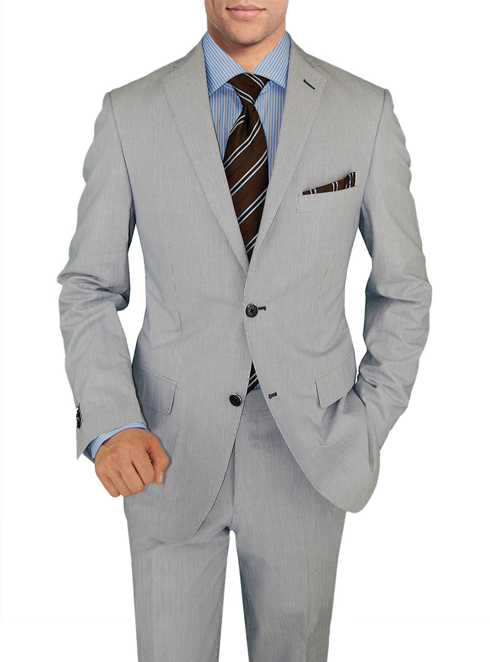 Mens DTI DARYA TRADING BB Signature Suit 2 Button Trim Fit Center Vent Jacket Piece in Light Blue Stripe - Image1