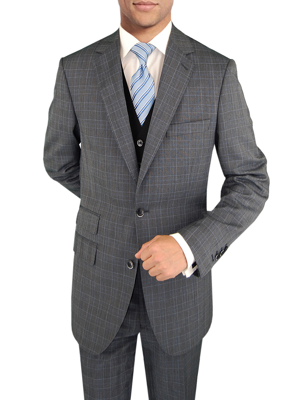 Mens DTI DARYA TRADING BB Signature Suit Vested Modern Fit 3-Piece Extra Pants Total 4-Piece in Charcoal Windowpane - Image1