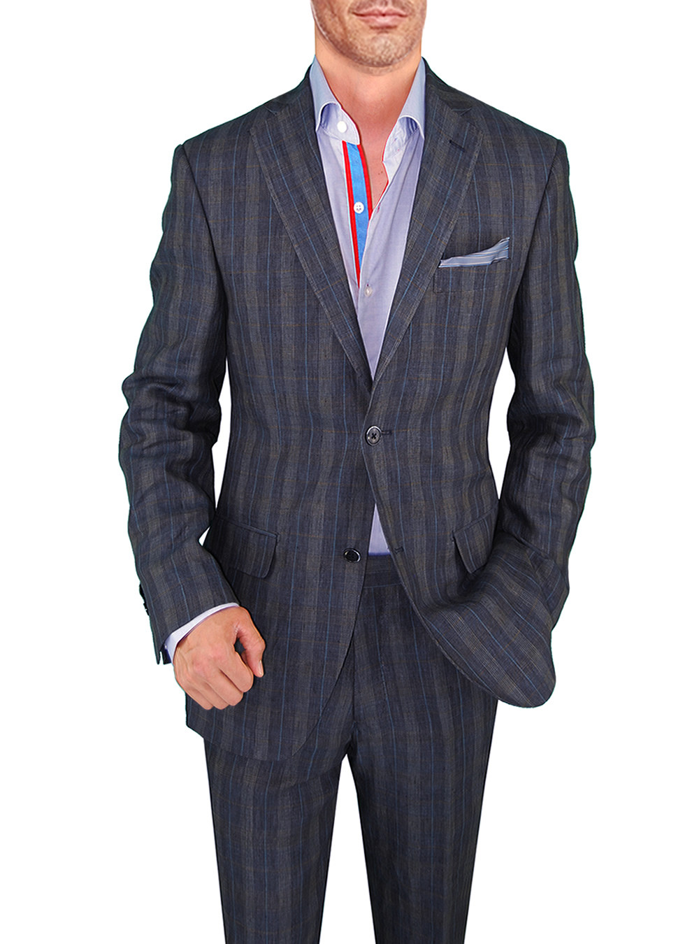 Mens DTI DARYA TRADING BB Signature Linen Suit Modern Fit Two-Button Jacket Flat Front Pants in Blue Windowpane - Image1