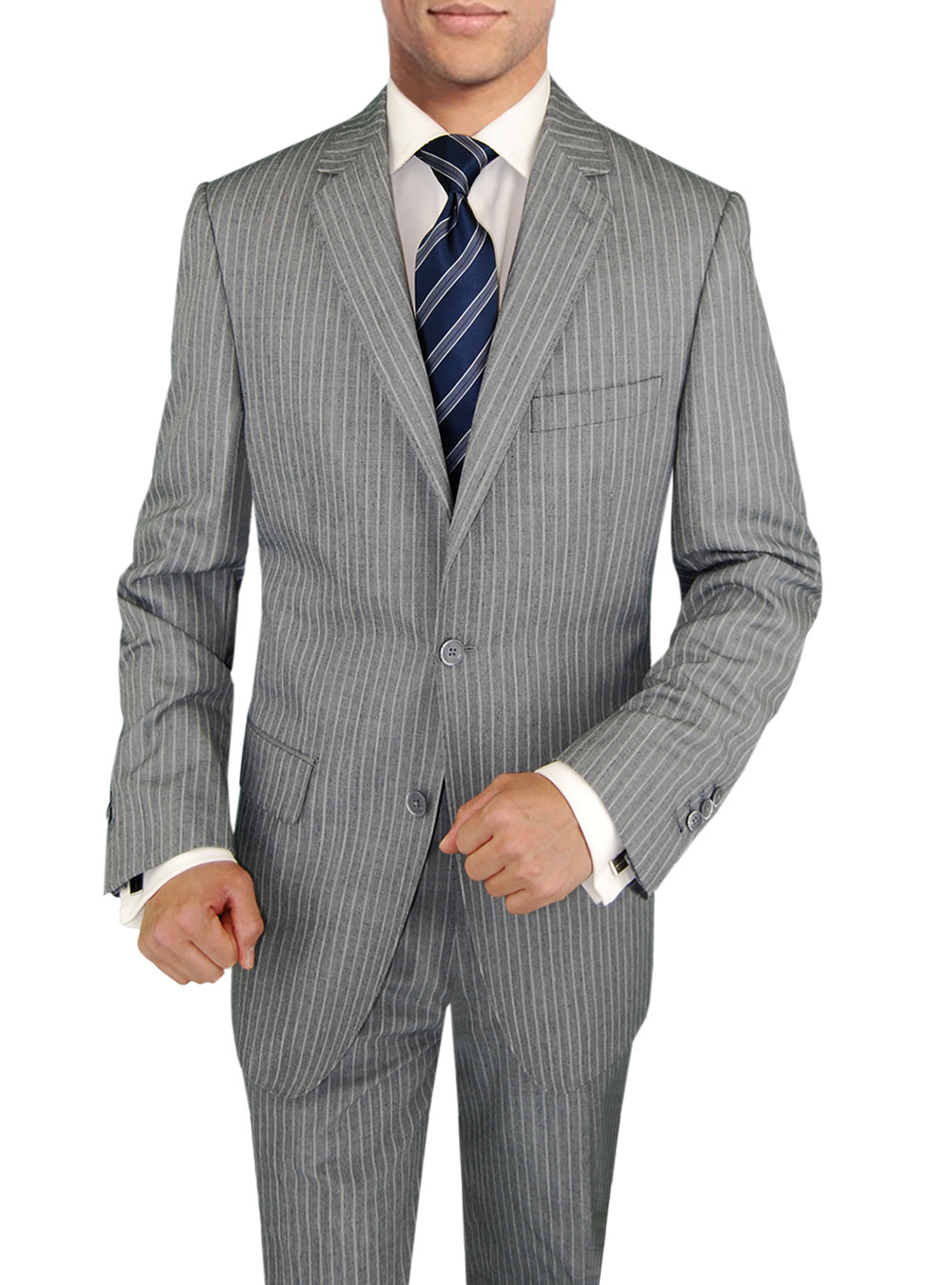 Mens DTI DARYA TRADING BB Signature 3 Piece Suit Side-Vent Jacket Flat Front Pant Extra Trousers in Gray Stripe - Image1