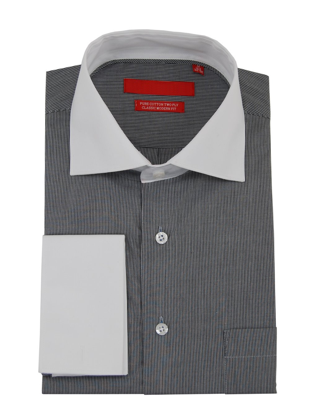 Mens DTI DARYA TRADING GV Executive Stripe Dress Shirt Cotton Spread Collar French Cuff in Black / White - Image1