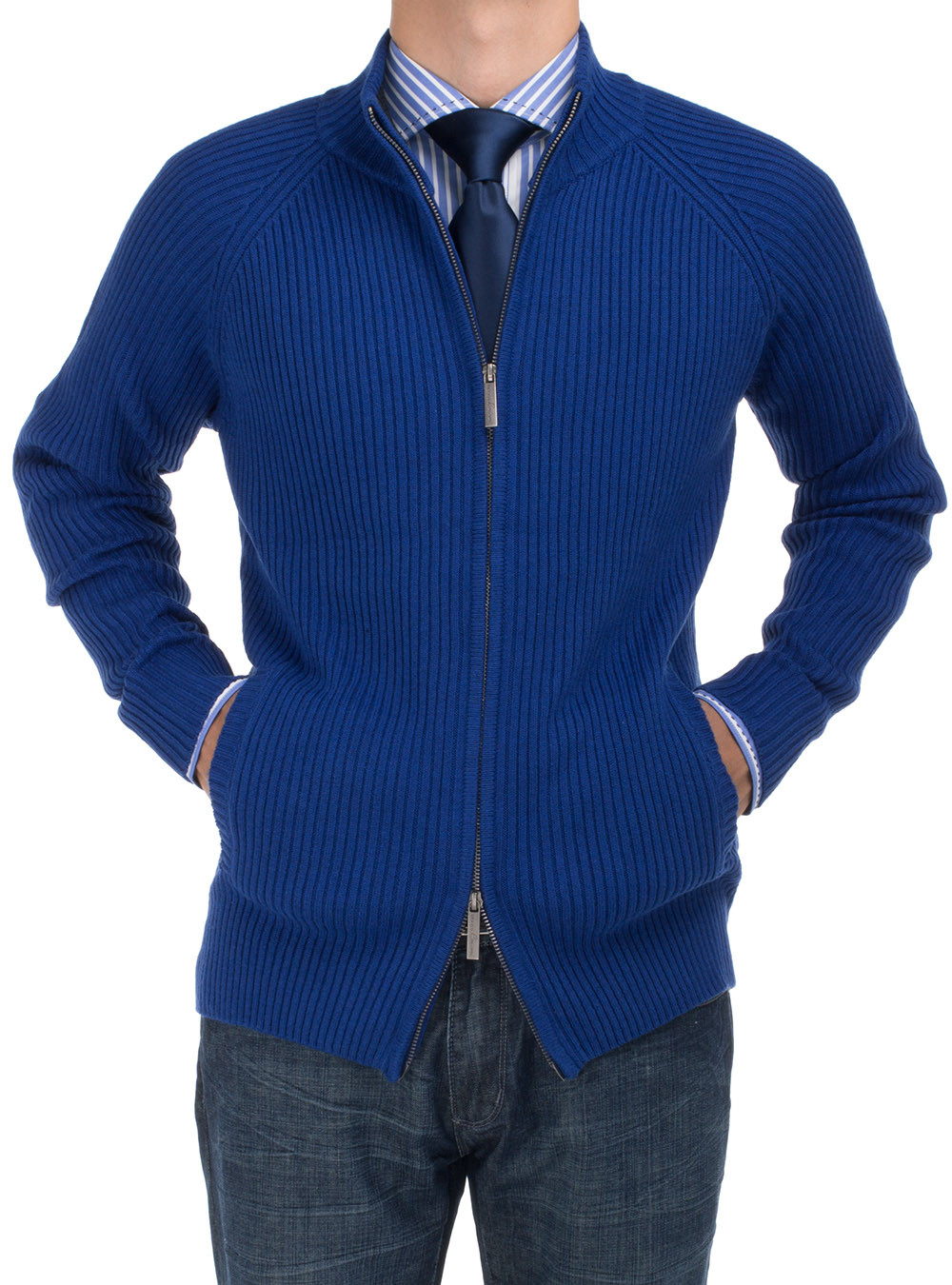 Mens DTI DARYA TRADING BB Signature Cotton Mock Neck Full Ribbed Zip Cardigan Sweater in Royal Blue - Image1
