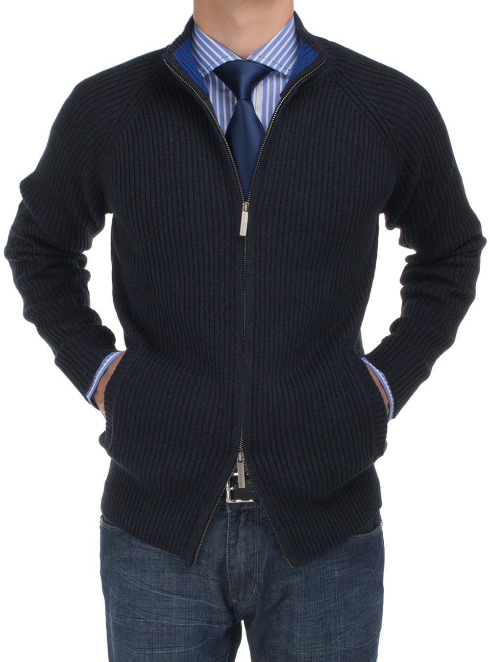 Mens DTI DARYA TRADING BB Signature Cotton Mock Neck Full Ribbed Zip Cardigan Sweater in Black - Image1