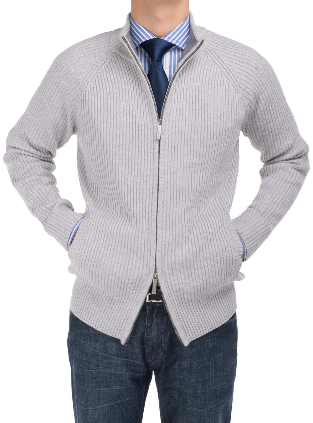 Mens DTI DARYA TRADING BB Signature Cotton Mock Neck Full Ribbed Zip Cardigan Sweater in Gray - Image1