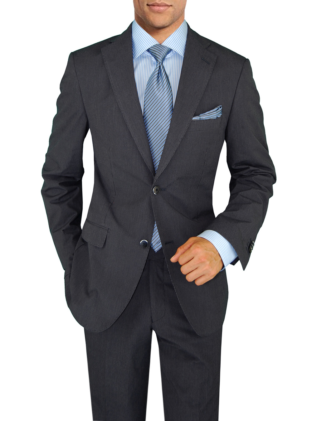Mens DTI DARYA TRADING BB Signature Suit New Two Button Trim Fit Side Vent Jacket Stripe in Dark Blue Charcoal - Image1