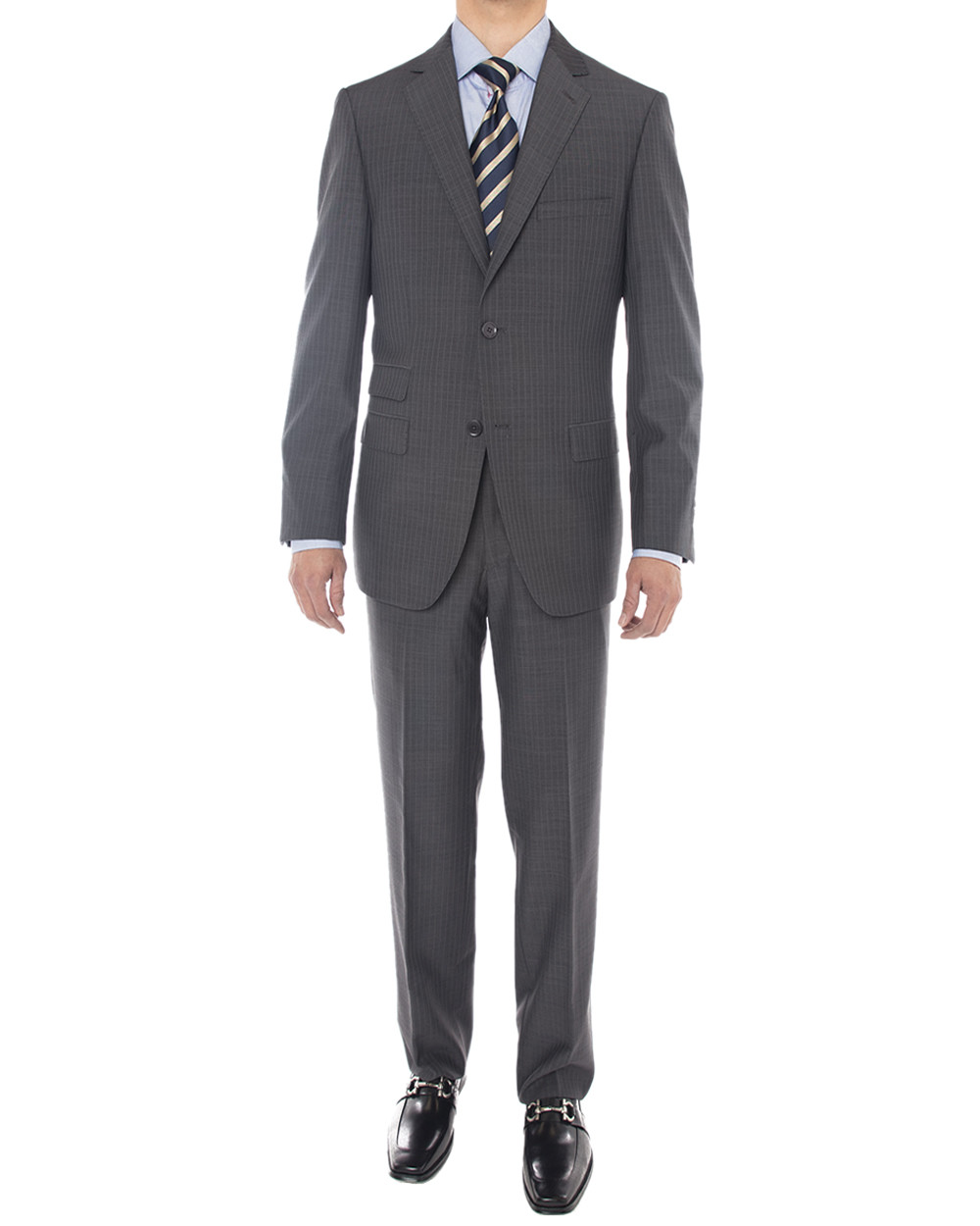 Mens Luciano Natazzi Modern Fit Suit 160S Worsted Wool 2 Button Striped Charcoal
 - Image1
