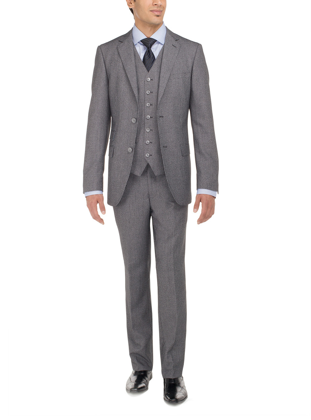 Mens Luciano Natazzi Vested 3-Piece Suit Two Button Ticket Pocket Tweed Gray - Image1