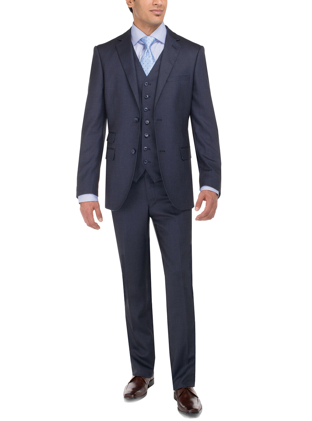 Mens Luciano Natazzi Vested 3-Piece Suit Two Button Ticket Pocket Tweed Navy - Image1